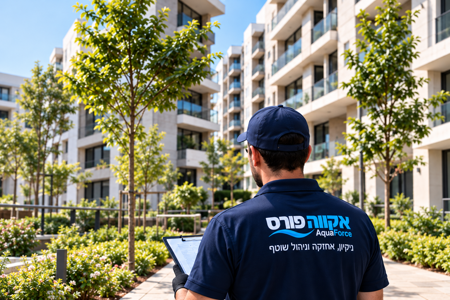 מנהל אחזקה של אקווה פורס עם לוח בדיקה מול בנייני מגורים