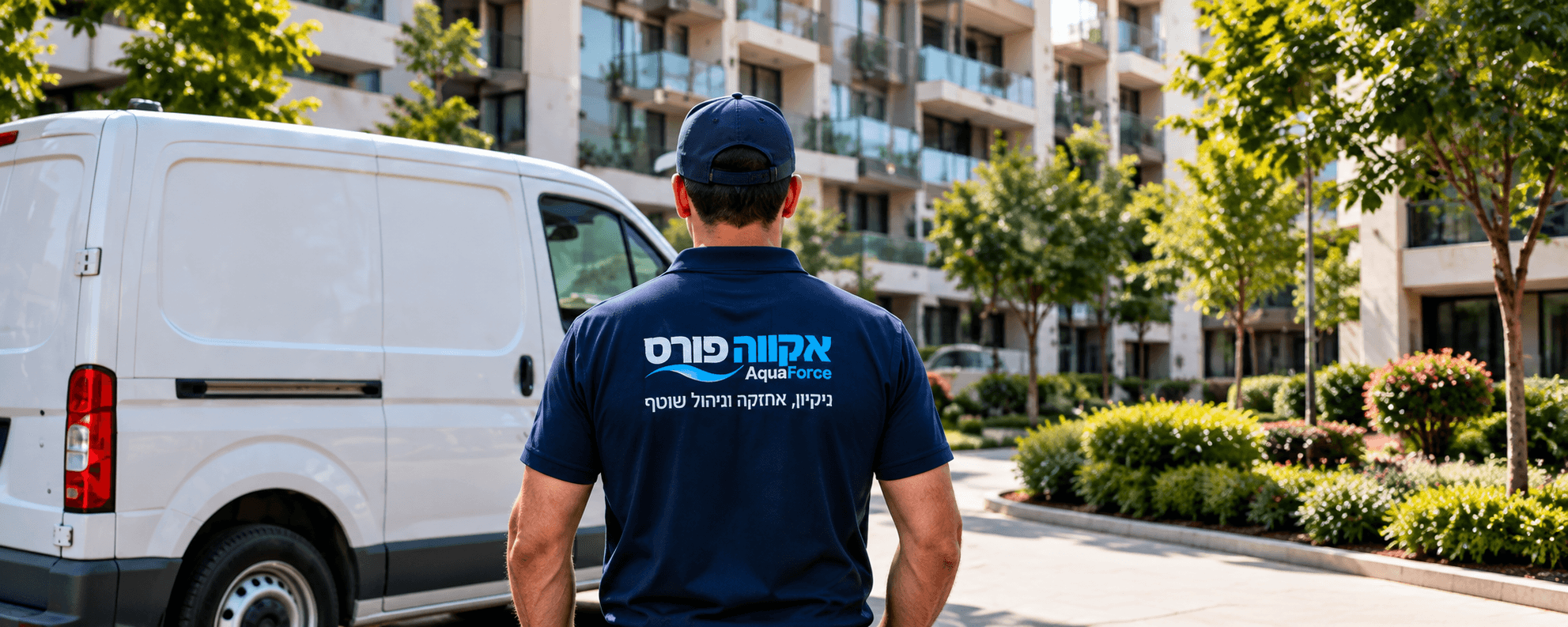 עובד אקווה פורס ליד רכב שירות לבן בשכונת מגורים
